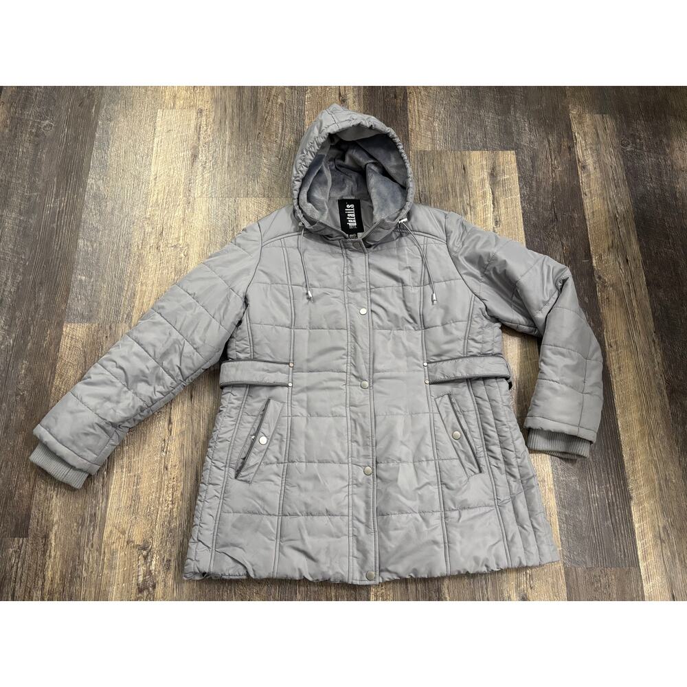 Details Intl Womens XL Grey Quilted Puffer Jacket Hooded Faux Fur Trim D520497